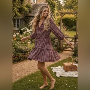 NWT Madewell Seersucker Wrap Mini Dress Dark Merlot Plaid Size Med 100% Cotton